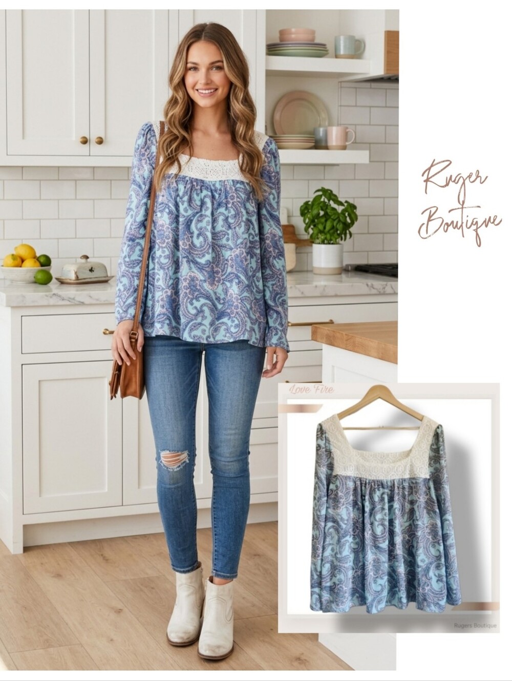 🌿LoveFire Women's XL Boho Peasant Blouse with Back Ties and Bell Sleeves!